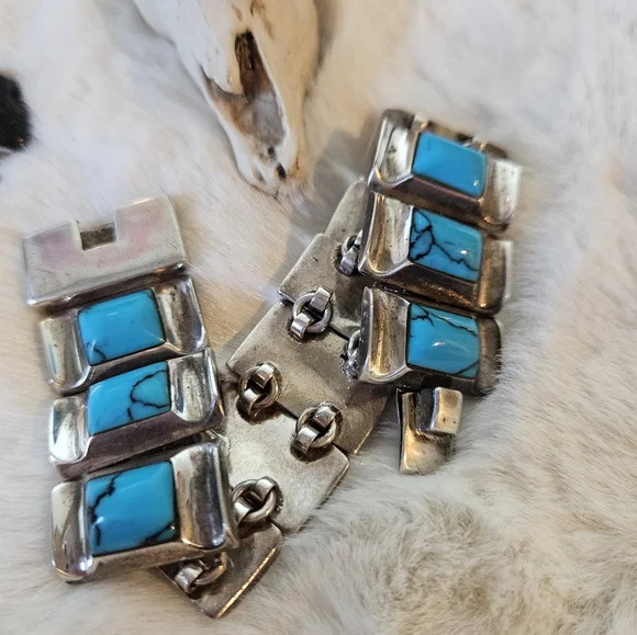 ReservedšAmazing 950 Silver Taxco Turquoise (Block) Panel Bracelet - Picture 4 of 8